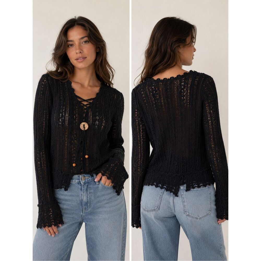 Mainfung Black Crochet Knit Boho Sweater Top Size M Bell Sleeve Lightweight